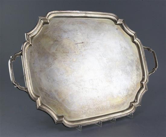 A 1940s silver two handled tea tray by Adie Brothers, 90 oz.